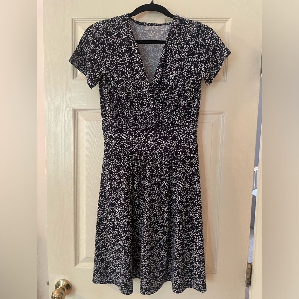 Blue and white floral wrap dress